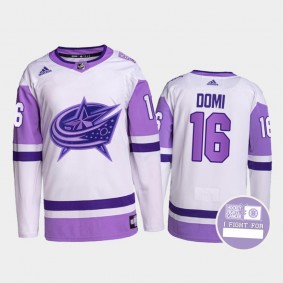 Max Domi Columbus Blue Jackets Hockey Fights Cancer Jersey Purple White #16 Authentic Pro