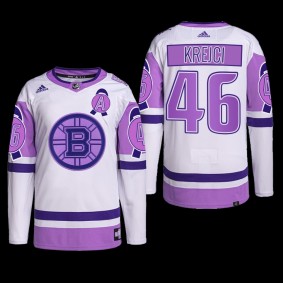 Boston Bruins 2022 Hockey Fights Cancer Jersey David Krejci White Purple #46 Primegreen Uniform