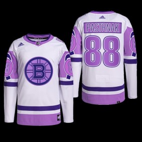 Boston Bruins 2022 Hockey Fights Cancer Jersey David Pastrnak White Purple #88 Primegreen Uniform