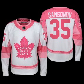Ilya Samsonov Toronto Maple Leafs Hockey Fights Cancer Jersey White Pink #35
