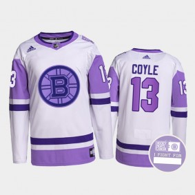 Charlie Coyle #13 Boston Bruins Hockey Fights Cancer White Purple Primegreen Authentic Jersey