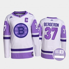 Patrice Bergeron #37 Boston Bruins Hockey Fights Cancer White Purple Primegreen Authentic Jersey