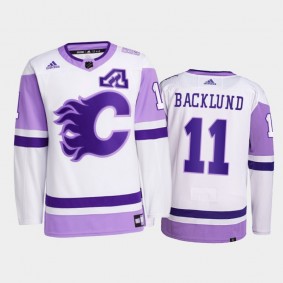 Mikael Backlund #11 Calgary Flames 2021 HockeyFightsCancer White Primegreen Jersey