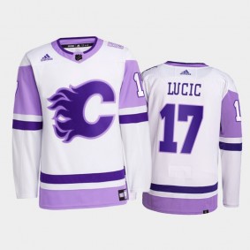 Milan Lucic 2021 Hockey Fights Cancer Jersey Calgary Flames White Primegreen