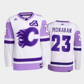 Sean Monahan #23 Calgary Flames 2021 HockeyFightsCancer White Primegreen Jersey