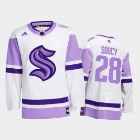 Carson Soucy #28 Seattle Kraken 2021 HockeyFightsCancer White Special Jersey