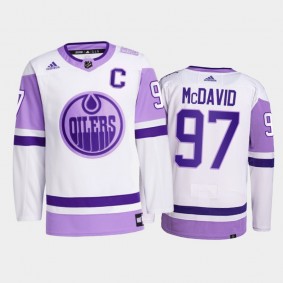 Connor McDavid #97 Edmonton Oilers 2021 HockeyFightsCancer White Primegreen Jersey