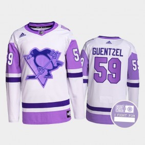Jake Guentzel #59 Pittsburgh Penguins Hockey Fights Cancer White Purple Primegreen Authentic Jersey