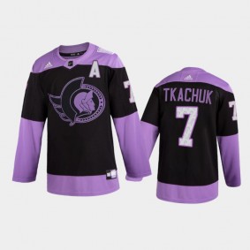 Men Ottawa Senators Brady Tkachuk #7 2021 Hockey Fights Cancer Night Purple Jersey